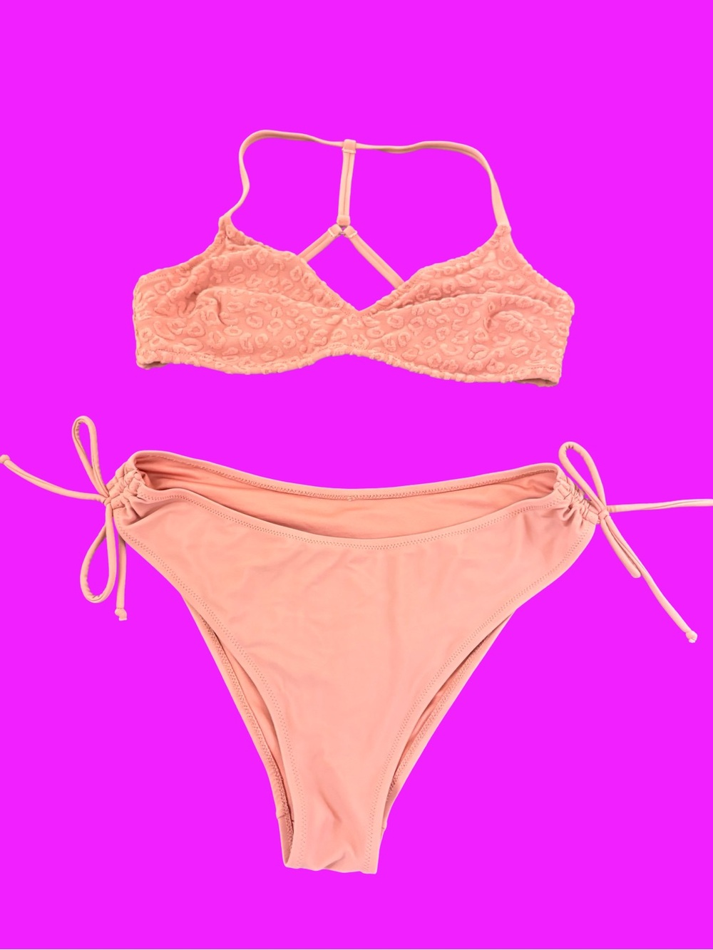 Women's Coral Tie-Side Bikini Set with Textured Animal Print Top Women’s L